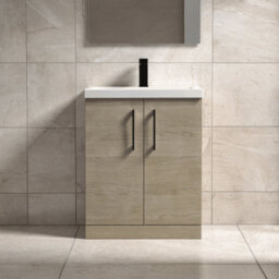 Balterley Bramshall Contemporary Bathroom Floor Standing 2-Door Vanity & Mid-Edge Basin, Solace Oak, 600mm - thumbnail 2