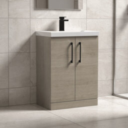 Balterley Bramshall Contemporary Bathroom Floor Standing 2-Door Vanity & Mid-Edge Basin, Solace Oak, 600mm - thumbnail 3