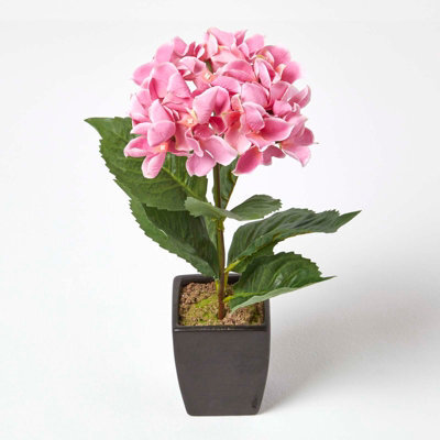 Homescapes Artificial Pink Handcrafted Small Hydrangea Flower In Black Pot, 38 Cm - image 1