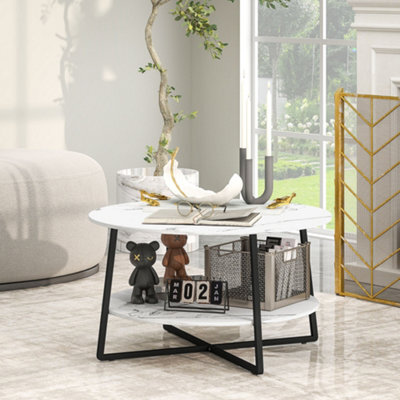 Homcom Round Coffee Table With Storage Shelf And Marble Effect Top, White - image 1