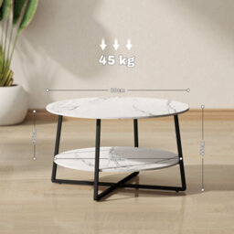 Homcom Round Coffee Table With Storage Shelf And Marble Effect Top, White - thumbnail 3