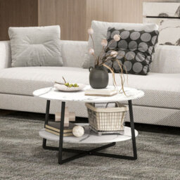 Homcom Round Coffee Table With Storage Shelf And Marble Effect Top, White - thumbnail 9