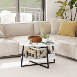 Homcom Round Coffee Table With Storage Shelf And Marble Effect Top, White - thumbnail 8