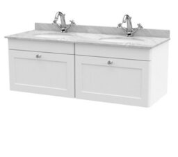 Balterley Swynnerton Traditional 2 Drawer Wall Hung Vanity Unit With Double Marble Basin, Satin White, 1200mm - thumbnail 1