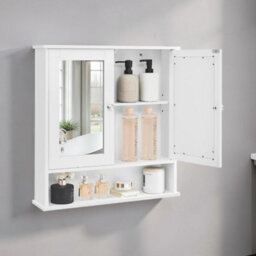 Mirrored Bathroom Cabinet, Wall-Mounted Storage Cupboard, With Double Doors And Adjustable Shelf, White