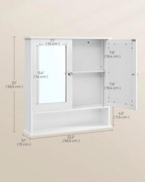 Mirrored Bathroom Cabinet, Wall-Mounted Storage Cupboard, With Double Doors And Adjustable Shelf, White - thumbnail 2