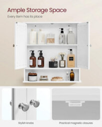 Mirrored Bathroom Cabinet, Wall-Mounted Storage Cupboard, With Double Doors And Adjustable Shelf, White - thumbnail 3