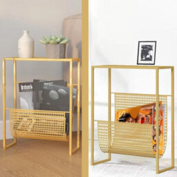 Aamen Slim Side Table With Newspaper & Magazine Rack, Metal Slim Bedside Cabinets-Magazine Rack Table - Gold - thumbnail 6