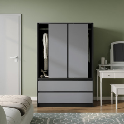 Urbn-Living Urbnliving 180Cm Height Black Carcass 3 Sliding Grey Door With 4 Grey Drawer Wardrobe Clothes Storage Hanging Rail Bedroom - image 1