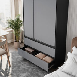 Urbn-Living Urbnliving 180Cm Height Black Carcass 3 Sliding Grey Door With 4 Grey Drawer Wardrobe Clothes Storage Hanging Rail Bedroom - thumbnail 5