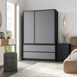 Urbn-Living Urbnliving 180Cm Height Black Carcass 3 Sliding Grey Door With 4 Grey Drawer Wardrobe Clothes Storage Hanging Rail Bedroom - thumbnail 2