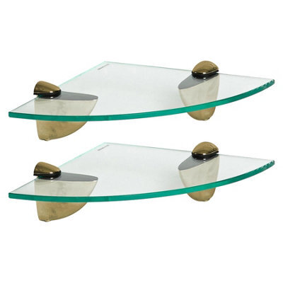 Harbour Housewares 2X Floating Glass Corner Shelves - 20Cm - Gold Brackets - Bathroom Shower Storage Vanity Display Unit Shelf - image 1