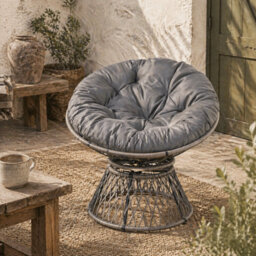 Wyld Haus Rarare Grey Rattan Swivel Papasan Moon Chair With Oversized Cushion, Indoor And Outdoor. - thumbnail 1