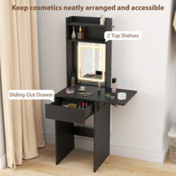 Homcom Compact Dressing Table With Lighted Mirror Open Shelves Drawer Black - thumbnail 6
