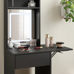 Homcom Compact Dressing Table With Lighted Mirror Open Shelves Drawer Black - thumbnail 9
