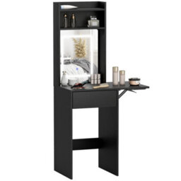 Homcom Compact Dressing Table With Lighted Mirror Open Shelves Drawer Black - thumbnail 2