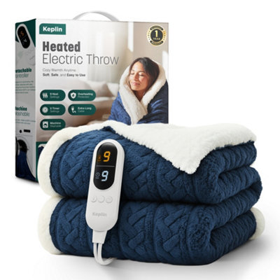 Keplin Large Electric Heated Throw Blanket , Machine Washable Fleece Wool Duvet, Overblanket, 1 Year Warranty, Navy/cream Jacquard - image 1