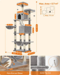 LEDREM 206 Cm Cat Tree, Large Cat Tower With 13 Cat Scratching Posts, 2 Perches, 2 Caves, Hanging Basket & Hammock, Pompoms - thumbnail 9