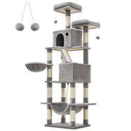 LEDREM 206 Cm Cat Tree, Large Cat Tower With 13 Cat Scratching Posts, 2 Perches, 2 Caves, Hanging Basket & Hammock, Pompoms - thumbnail 2