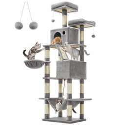 LEDREM 206 Cm Cat Tree, Large Cat Tower With 13 Cat Scratching Posts, 2 Perches, 2 Caves, Hanging Basket & Hammock, Pompoms - thumbnail 3