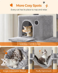 LEDREM 206 Cm Cat Tree, Large Cat Tower With 13 Cat Scratching Posts, 2 Perches, 2 Caves, Hanging Basket & Hammock, Pompoms - thumbnail 6
