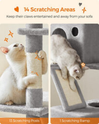 LEDREM 206 Cm Cat Tree, Large Cat Tower With 13 Cat Scratching Posts, 2 Perches, 2 Caves, Hanging Basket & Hammock, Pompoms - thumbnail 7