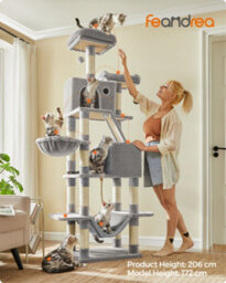 LEDREM 206 Cm Cat Tree, Large Cat Tower With 13 Cat Scratching Posts, 2 Perches, 2 Caves, Hanging Basket & Hammock, Pompoms - thumbnail 1