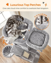LEDREM 206 Cm Cat Tree, Large Cat Tower With 13 Cat Scratching Posts, 2 Perches, 2 Caves, Hanging Basket & Hammock, Pompoms - thumbnail 5