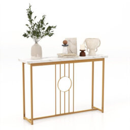 Costway 120Cm Narrow Console Table Faux Marble Sofa Side Table W/ Metal Frame-Golden - thumbnail 2
