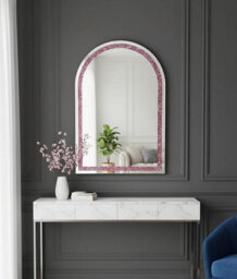 Deenz Arched Top Wall Hanging Mirror Crushed Jewel Loose Bling Diamond Edges Frame Pink Mdf Back Board Crystal Glass 100 X 70 Cm - thumbnail 2