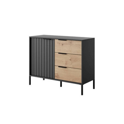 Arte Rave D Contemporary Sideboard Cabinet 1 Hinged Doors 1 Shelf 3 Drawers Black & Oak Artisan Effect (H)820mm (W)1030mm (D)400mm - image 1