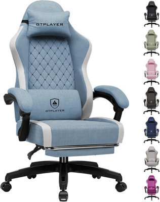 Luckracer Fabric Gaming Chair With Footrest, Ergonomic Computer Desk Home Office Chair With Pocket Spring Cushion, Light Blue - image 1