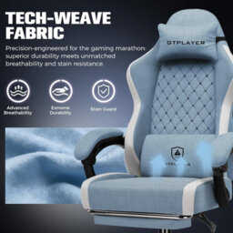 Luckracer Fabric Gaming Chair With Footrest, Ergonomic Computer Desk Home Office Chair With Pocket Spring Cushion, Light Blue - thumbnail 8