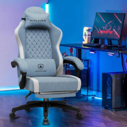 Luckracer Fabric Gaming Chair With Footrest, Ergonomic Computer Desk Home Office Chair With Pocket Spring Cushion, Light Blue - thumbnail 2