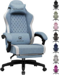 Luckracer Fabric Gaming Chair With Footrest, Ergonomic Computer Desk Home Office Chair With Pocket Spring Cushion, Light Blue - thumbnail 1