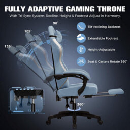 Luckracer Fabric Gaming Chair With Footrest, Ergonomic Computer Desk Home Office Chair With Pocket Spring Cushion, Light Blue - thumbnail 4