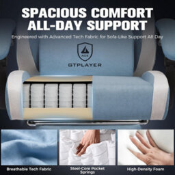 Luckracer Fabric Gaming Chair With Footrest, Ergonomic Computer Desk Home Office Chair With Pocket Spring Cushion, Light Blue - thumbnail 5