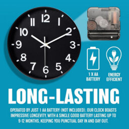 12 Inch Black Wall Clock  Modern Design Battery Operated With Silent Quartz Movement - thumbnail 6