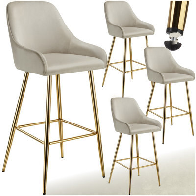 Tectake Bar Stool Avane - With Backrest, Upholstered, Velvet Look - Cream/gold, Set Of 4