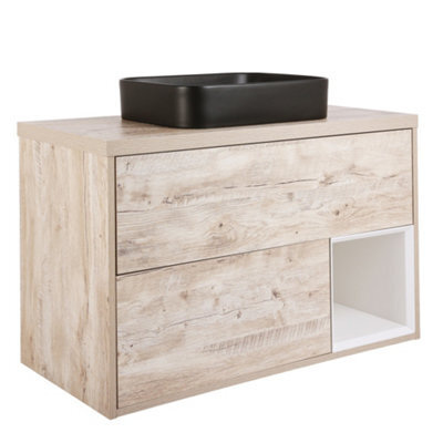 Homestylestore Light Oak 1000mm Wall Hung Bathroom Vanity Unit With Rectangular Countertop Basin And Graphite Basin - image 1