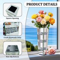 Artloge 30Cm H Crushed Diamond Mirrored Vases Silver Glass Flower Vases For Table Home Decor - thumbnail 3