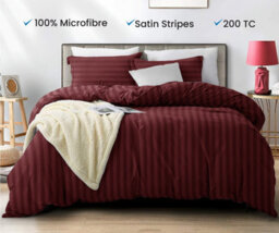Ameha Stripe Duvet Cover Set With Pillowcase Soft Microfiber Burgundy Double Size 200X200Cm - thumbnail 4