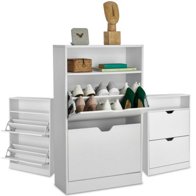 Tectake Shoe Cabinet Calea - 2 Tilt Compartments For 12 Pairs Of Shoes, Open Shelf Space - 60 Cm - White - image 1
