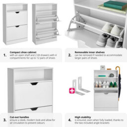 Tectake Shoe Cabinet Calea - 2 Tilt Compartments For 12 Pairs Of Shoes, Open Shelf Space - 60 Cm - White - thumbnail 4