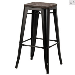 Nordlys Set Of 4 Black Metal And Wood Bar Stools Industrial Style Dining Room - thumbnail 1