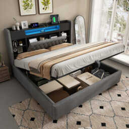 King Linen Hydraulic Storage Bed With Led & Charging - thumbnail 1