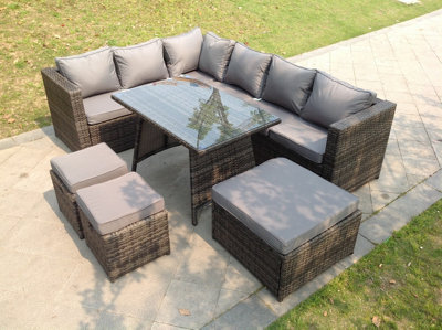 Fimous 9 Seater Rattan Corner Sofa Set Dining Table Footstool Garden Furniture Patio - image 1