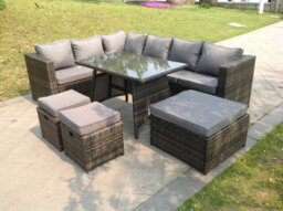 Fimous 9 Seater Rattan Corner Sofa Set Dining Table Footstool Garden Furniture Patio - thumbnail 2