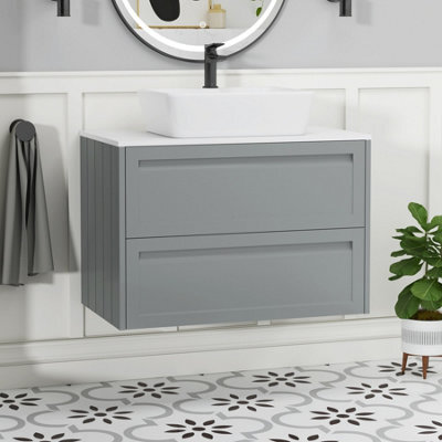 Royal Bathrooms Royal Bathroom Elmore 800mm Matt Pebble Grey Wall Mounted Bathroom Vanity Unit 2 Drawer Plain White Worktop With Cube Basin - image 1