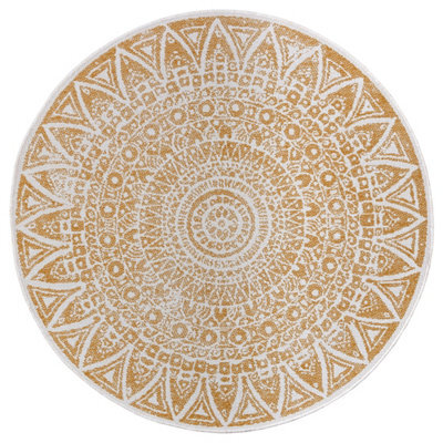 The Rugs Lilja Vintage Round Rug Indoor Outdoor Reversible Durable Easy Care In Mustard - image 1